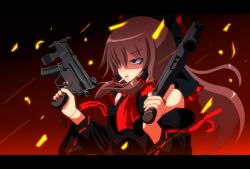 Rule 34 | 1girl, alternate color, anime coloring, armpits, ascot, bad id, bad pixiv id, black dress, bow, bracelet, brown eyes, brown hair, cigarette, cross, detached sleeves, dress, dual wielding, empty eyes, female focus, gun, h&amp;k mp5k, hair bow, hair tubes, hakurei reimu, heckler &amp; koch, holding, japanese clothes, jewelry, letterboxed, long hair, miko, one-eyed, ring, shaded face, solo, submachine gun, tomon (slash0410), touhou, weapon