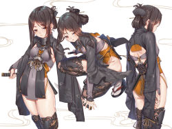 Rule 34 | 1girl, ass, black hair, black thighhighs, blush, breasts, brown eyes, closed mouth, cowboy shot, dagger, fangxiang cuoluan, folded ponytail, from behind, full body, holding, holding sword, holding weapon, japanese clothes, katana, knife, long hair, long sleeves, looking at viewer, multiple views, obi, original, parted lips, sandals, sash, sidelocks, small breasts, squatting, sword, tabi, thick eyebrows, thighhighs, thighs, unsheathed, weapon, white background, white thighhighs, wide sleeves
