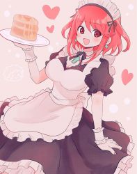 Rule 34 | 1girl, :d, alternate costume, apron, bad id, bad pixiv id, black dress, breasts, dress, enmaided, frilled apron, frills, highres, large breasts, maid, maid apron, maid headdress, open mouth, pyra (xenoblade), red eyes, red hair, short hair, smile, solo, swept bangs, waist apron, white apron, xenoblade chronicles (series), xenoblade chronicles 2, yataba