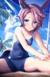 Rule 34 | 1girl, animal ears, beach, blue eyes, breasts, brown hair, covered navel, highres, horse ears, horse tail, luft7star, narita taishin (umamusume), palm tree, school swimsuit, signature, small breasts, stretching, swimsuit, tail, tree, umamusume