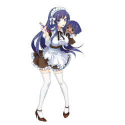 Rule 34 | 1girl, apron, blue hair, breasts, full body, hand puppet, high heels, highres, holding, large breasts, long hair, long sleeves, looking at viewer, maid apron, maid headdress, open mouth, pigeon-toed, pumps, puppet, simple background, solo, test tube, thighhighs, umube, white background, white thighhighs, youkai hyakki-tan!