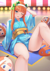 Rule 34 | 1girl, absurdres, animal ears, arugou, blue eyes, blue kimono, blush, braid, breasts, commentary request, ear covers, hairband, highres, hime cut, horse ears, horse girl, horse tail, horseshoe print, japanese clothes, kimono, long hair, looking at viewer, multicolored hair, multiple girls, obi, on ground, one eye closed, open mouth, orange hair, sash, silence suzuka (umamusume), small breasts, smile, solo, special week (umamusume), stage, tail, tracen ondo outfit (umamusume), umamusume, white hairband