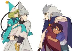 Rule 34 | 1boy, 3girls, blonde hair, blush, brown hair, carrying, carrying person, cloak, coco (tongari boushi no atelier), dark-skinned female, dark skin, dress, edalyn clawthorne, grey hair, hat, highres, hood, hoodie, hug, looking at another, luz noceda, multiple girls, nesquik helado, qifrey&#039;s atelier apprentice uniform, qifrey (tongari boushi no atelier), simple background, sleeveless, sleeveless dress, smile, staff, sunglasses, the owl house, tongari boushi no atelier, trait connection, witch hat