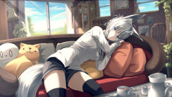 Rule 34 | 1girl, ahoge, animal ear fluff, animal ears, black shorts, black thighhighs, blue eyes, blue sky, blurry, blurry background, bookshelf, cat-shaped pillow, chair, closed mouth, cloud, commentary request, couch, cowboy shot, cup, day, grass, highres, holding, holding pillow, indoors, lamp, leaning to the side, living room, long sleeves, looking at viewer, on couch, original, pillow, plant, potted plant, saucer, shiroino (shirayuki mutsuki), shirt, short hair, short shorts, shorts, sitting, sky, smile, solo, sunlight, table, tail, tea, teacup, teapot, thighhighs, tree, white hair, white shirt, white sleeves, wolf ears, wolf tail