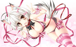 Rule 34 | 1girl, animal ears, bikini, bow, breasts, brown eyes, checkered bow, checkered clothes, cleavage, detached sleeves, fang, female focus, hair ribbon, highres, kamiya tomoe, large breasts, navel, open mouth, original, pink background, pink theme, ribbon, short hair, silver hair, smile, solo, striped bikini, striped clothes, striped thighhighs, swimsuit, tail, thighhighs, tress ribbon, v, wolf ears, wolf tail, wrist cuffs