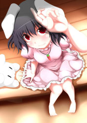 Rule 34 | 1girl, animal ears, black hair, rabbit ears, carrot, carrot necklace, dress, from above, from below, inaba tewi, jewelry, maeda kousuke, necklace, pink dress, red eyes, short hair, sitting, smile, solo focus, touhou, | |