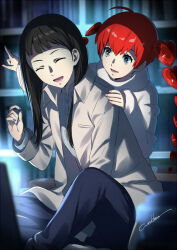 Rule 34 | 2girls, android, blue eyes, brown hair, closed eyes, detached hair, hood, hoodie, ichinose kuon, lab coat, multiple girls, nail polish, open mouth, persona, persona 5, persona 5 scramble: the phantom strikers, pink nails, pointing, purple nails, red hair, signature, smile, sophia (p5s), werkbau, white hoodie
