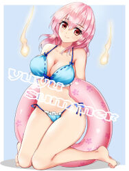 Rule 34 | 1girl, bikini, blue background, blue bikini, breasts, cleavage, closed mouth, commentary, english commentary, full body, innertube, kneeling, large breasts, looking at viewer, medium hair, nagare, navel, pink eyes, pink hair, saigyouji yuyuko, simple background, smile, solo, swim ring, swimsuit, touhou