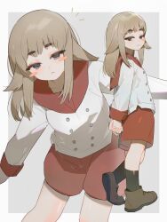 Rule 34 | 1girl, :&lt;, :3, arms behind back, black socks, blue eyes, blush stickers, boots, border, brown footwear, buttons, chestnut mouth, commentary, contrapposto, cowboy shot, from side, full body, grey background, hair ears, half-closed eyes, highres, light blush, light brown hair, long hair, looking at viewer, mimihime (tengoku daimakyou), multiple views, notice lines, outside border, outstretched arms, own hands clasped, own hands together, projected inset, red shorts, red wrist cuffs, short eyebrows, shorts, sidelocks, simple background, socks, solo, spread arms, takahara academy uniform, tengoku daimakyou, thick eyelashes, white border, wrist cuffs, yjinchun1