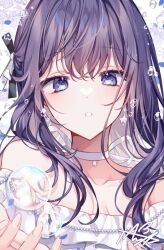 Rule 34 | 25-ji nightcord de. (project sekai), asahina mafuyu, blue eyes, character request, check character, choker, collarbone, floral background, hair between eyes, hands up, long hair, looking at viewer, off-shoulder shirt, off shoulder, parted lips, project sekai, purple hair, shirt, signature, taya oco, white background, white choker, white shirt