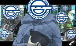Rule 34 | 1other, aoi (gits), blue coat, coat, ghost in the shell, hat, highres, holding, holding clothes, holding hat, hood, hood down, hooded coat, kankan33333, logo, long sleeves, unworn hat, unworn headwear