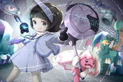 Rule 34 | 2girls, black gloves, black hair, blue eyes, blunt bangs, blush stickers, bronzong, cardigan, commentary request, copperajah, corviknight, creatures (company), dress, eyelashes, game freak, gen 4 pokemon, gen 8 pokemon, gloves, grey dress, grey headwear, grin, holding, holding tera orb, holding weapon, huge weapon, khell, magnezone, multiple girls, nintendo, open cardigan, open clothes, pantyhose, pointing, pokemon, pokemon (creature), pokemon sv, poppy (pokemon), short hair, smile, standing, teeth, tera orb, tinkaton, visor cap, weapon