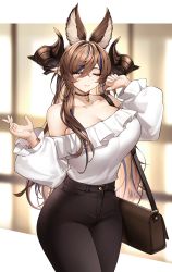 Rule 34 | 1girl, absurdres, animal ears, bare shoulders, breasts, brown hair, casul, cleavage, closed eyes, collarbone, contemporary, extra ears, galleon (granblue fantasy), granblue fantasy, high-waist pants, highres, horns, large breasts, long hair, long sleeves, multicolored hair, pants, solo, streaked hair, thighs