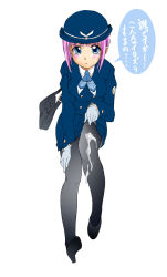 Rule 34 | 1girl, airline, all nippon airways, aoi zero, ascot, bag, cum, cum on body, cum on clothes, cum on lower body, flight attendant, full body, gloves, hat, high heels, highres, long sleeves, original, pantyhose, pencil skirt, pink hair, shoes, simple background, skirt, solo, translated, travel attendant, uniform, white background