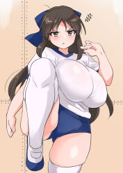 Rule 34 | 1girl, aged up, blue bow, blue buruma, blush, bow, breasts, brown eyes, brown hair, buruma, gluteal fold, groin, gym shirt, gym shorts, gym uniform, hair bow, highres, huge breasts, idolmaster, idolmaster cinderella girls, impossible clothes, impossible shirt, leg lift, long hair, looking at viewer, open mouth, shirt, shorts, solo, standing, standing on one leg, tachibana arisu, thick thighs, thighhighs, thighs, white thighhighs, yuuichi (reductionblack)