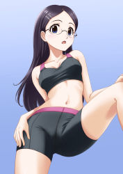 Rule 34 | 1girl, bare shoulders, bike shorts, black bra, black hair, black shorts, blue background, blue eyes, blush, bra, breasts, cleavage, collarbone, feet out of frame, glasses, hair ornament, hairclip, hand on own hip, highres, long hair, looking at viewer, looking down, maria-sanary, medium breasts, midriff, navel, open mouth, saitou kaede (yama no susume), shiny skin, shorts, simple background, solo, sports bra, standing, underwear, yama no susume
