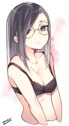 Rule 34 | 1girl, arms at sides, artist name, bad id, bad pixiv id, black bra, black hair, blue eyes, bra, breasts, cleavage, closed mouth, collarbone, cropped arms, cropped torso, dated, glasses, highres, long hair, looking back, medium breasts, original, otokuyou, rimless eyewear, solo, strap slip, underwear, underwear only, upper body