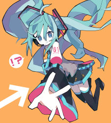 Rule 34 | !?, 1girl, absurdres, arrow (symbol), blue eyes, blue hair, boots, detached arm, detached sleeves, falling, floating hair, hatsune miku, hatsushiro mamimu, highres, outstretched arm, thigh boots, thighhighs, twintails, v, vocaloid