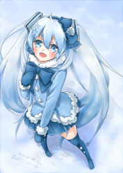 Rule 34 | 10s, 1girl, 2013, azumi, bad id, bad pixiv id, blue eyes, blue hair, blue mittens, blush, bow, character name, dated, fang, foreshortening, hand on own chest, hatsune miku, long hair, matching hair/eyes, mittens, open mouth, skirt, solo, thighhighs, twintails, very long hair, vocaloid, yuki miku