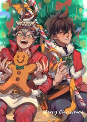 Rule 34 | ..., absurdres, ahoge, animal, animal on head, asta (black clover), bag, bird, bird on head, black clover, black hair, black headband, book, bookbag, bow, bowtie, candy, candy cane, caosishao, capelet, christmas tree, food, fur-trimmed capelet, fur trim, gingerbread man, green bow, green bowtie, green eyes, grey hair, grimoire, hat, headband, highres, jacket, long bangs, looking at viewer, merry christmas, nero (black clover), on head, open mouth, pants, red capelet, red jacket, red pants, santa hat, sitting, sitting on head, sitting on person, smile, spiked hair, yuno (black clover)