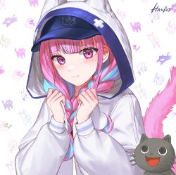 Rule 34 | 1girl, animal ears, baseball cap, blue hair, blunt bangs, blush, braid, cat tail, closed mouth, fake animal ears, hand up, handot (d yot ), hat, highres, hololive, hood, hooded jacket, jacket, long sleeves, looking at viewer, minato aqua, multicolored hair, neko (minato aqua), pink eyes, pink hair, puffy long sleeves, puffy sleeves, solo, tail, tail raised, twin braids, twintails, two-tone hair, upper body, virtual youtuber, white background, white jacket