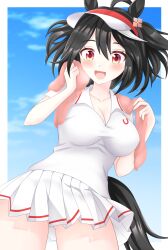 Rule 34 | 1girl, ahoge, alternate costume, animal ears, bare shoulders, black hair, blue sky, blush, border, breasts, cleavage, cloud, cloudy sky, commentary request, ear ornament, gurukorian, highres, horse ears, horse girl, horse tail, kitasan black (umamusume), large breasts, looking at viewer, outside border, red eyes, shirt, short hair, skirt, sky, sleeveless, sleeveless shirt, smile, solo, sportswear, sweat, tail, tennis uniform, towel, towel around neck, two side up, umamusume, visor cap, white background, white border, white shirt, white skirt