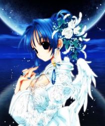Rule 34 | 1girl, angel, angel flavor, blue hair, blue theme, female focus, flower, moon, nanase aoi, ocean, solo, white theme, wings