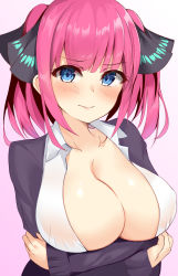 Rule 34 | 1girl, absurdres, arm under breasts, black ribbon, blue eyes, blunt bangs, blush, breasts, butterfly hair ornament, cardigan, cleavage, closed mouth, collarbone, covered erect nipples, embarrassed, go-toubun no hanayome, gradient background, hair ornament, highres, large breasts, looking at viewer, micosiva, nakano nino, no bra, open cardigan, open clothes, open shirt, pink hair, purple cardigan, ribbon, shirt, simple background, sleeves past wrists, twintails, v-shaped eyebrows, white shirt