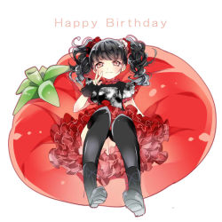 Rule 34 | 1girl, ayumaru (art of life), babymetal, black gloves, black hair, black thighhighs, blush, boots, cushion, fingerless gloves, gloves, happy birthday, long hair, looking at viewer, mizuno yui, reclining, red skirt, simple background, single glove, skirt, solo, thighhighs, tomato, twintails, v, white background