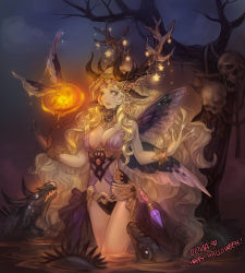 Rule 34 | 1girl, animal, animal ears, blonde hair, breasts, butterfly wings, crystal, happy halloween, horns, insect wings, jewelry, large breasts, lips, long hair, lots of jewelry, mole, mole under eye, nail polish, olivia (yh), original, partially submerged, revision, sketch, skull, solo, standing, star (symbol), tree, wading, water, wings, yellow eyes
