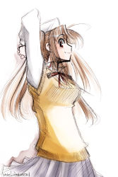 Rule 34 | 00s, 1girl, arms up, bow, breasts, brown hair, cowboy shot, fang, from side, grey skirt, large breasts, long hair, long sleeves, looking at viewer, looking to the side, mike156, pleated skirt, profile, ribbon, shirt, simple background, sketch, skirt, smile, solo, stretching, sweater vest, tsukihime, vest, white background, white shirt, yumizuka satsuki