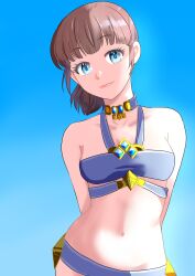 Rule 34 | 1girl, absurdres, adventurer (ff11), arms behind back, bare shoulders, bikini, blue bikini, blue choker, blue eyes, blue sky, breasts, brown hair, chatarou bekkan, choker, clear sky, cleavage, closed mouth, collarbone, day, eyelashes, final fantasy, final fantasy xi, halterneck, highres, hume, looking at viewer, medium breasts, navel, outdoors, short hair, sky, smile, solo, swimsuit