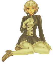 Rule 34 | 1girl, alice elliot, blonde hair, blunt bangs, bow, braid, buttons, closed mouth, double-breasted, dress, frilled sleeves, frills, full body, gloves, hair bow, high heels, long hair, long sleeves, looking at viewer, shadow hearts, shoes, simple background, sitting, smile, solo, thighhighs, white background, white gloves, white thighhighs