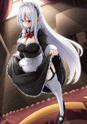 Rule 34 | 1girl, apron, black dress, black footwear, black garter straps, breasts, curtsey, dress, frilled apron, frills, garter straps, hair intakes, highres, juliet sleeves, large breasts, long hair, long sleeves, maid, maid apron, maid headdress, mary janes, neckerchief, orange eyes, original, puffy sleeves, red neckerchief, selvalanch, shoes, sidelocks, solo, standing, thighhighs, very long hair, waist apron, white apron, white hair, white thighhighs