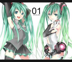Rule 34 | 1girl, armpits, arms up, bad id, bad pixiv id, bridal gauntlets, detached sleeves, dual persona, green eyes, green hair, hand on own chest, hands on own chest, hatsune miku, hatsune miku (append), letterboxed, long hair, necktie, open mouth, richard, skirt, thighhighs, twintails, very long hair, vocaloid, vocaloid append