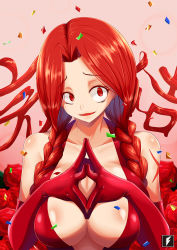 Rule 34 | 1girl, braid, breasts, cleavage, dress, elbow gloves, eyelashes, fairy tail, flare corona, flower, gloves, highres, huge breasts, red dress, red gloves, red hair, rose, solo, teng zhai zi, twin braids