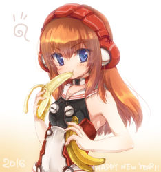 Rule 34 | 1girl, :t, armpit crease, bad id, bad pixiv id, banana, blue eyes, blush, breasts, brown hair, clariskrays, commentary request, dated, eating, food, fruit, hair between eyes, happy new year, hizukiryou, holding, holding food, long hair, looking at viewer, new year, phantasy star, phantasy star online 2, sailor collar, small breasts, solo, upper body