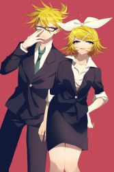 Rule 34 | 1boy, 1girl, bad id, bad pixiv id, blonde hair, blue eyes, brother and sister, business suit, formal, glasses, green necktie, highres, kagamine len, kagamine rin, necktie, oniyama831, red background, ribbon, siblings, simple background, smile, suit, twins, vocaloid