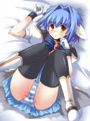 Rule 34 | 00s, 1girl, animal ears, bed, black thighhighs, blue hair, blue panties, blue skirt, blush, boots, bow, broccoli (company), dress, galaxy angel, gloves, legs up, lying, military, military uniform, mint blancmanche, on back, panties, pussy juice, shinshin, short dress, short hair, skirt, solo, striped clothes, striped panties, thighhighs, underwear, uniform, yellow eyes