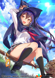 Rule 34 | 1girl, :d, arm up, black hair, blue sky, blush, breasts, broom, broom riding, cape, cloud, cloudy sky, copyright name, day, earrings, flying sweatdrops, from below, hair between eyes, hand on headwear, hat, jewelry, knees together feet apart, lens flare, long hair, long sleeves, looking at viewer, medium breasts, neckerchief, official art, open mouth, orange eyes, outdoors, popqn, purple cape, qurare magic library, red neckerchief, shirt, sky, smile, watermark, white shirt, witch hat