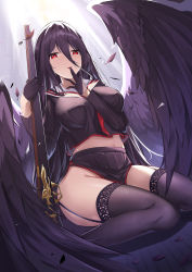 Rule 34 | 1girl, absurdres, beten, blue archive, bolt action, breasts, feathered wings, feathers, gloves, gun, hand to own mouth, hasumi (blue archive), heart, heart-shaped pupils, highres, large breasts, light, long hair, looking at viewer, m1917 enfield, open mouth, purple gloves, purple hair, purple wings, red eyes, rifle, sitting, smile, solo, symbol-shaped pupils, thighhighs, thighs, weapon, wings