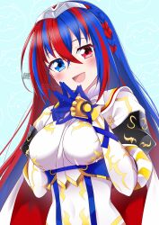 Rule 34 | 1girl, absurdres, alear (female) (fire emblem), alear (fire emblem), blue background, blue eyes, blue hair, braid, breasts, commentary request, crossed bangs, crown braid, fire emblem, fire emblem engage, heterochromia, highres, large breasts, long hair, looking at viewer, multicolored hair, nintendo, open mouth, own hands together, red eyes, red hair, smile, solo, split-color hair, steepled fingers, tiara, two-tone hair, very long hair, zero-theme
