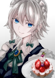 Rule 34 | 1girl, bad id, bad pixiv id, blue dress, blue eyes, blueberry, bow, braid, breasts, brooch, cake, colored eyelashes, commentary request, dress, food, fruit, gradient background, green bow, green ribbon, grey background, hair between eyes, hair bow, highres, izayoi sakuya, jan (lightdragoon), jewelry, leaf, light particles, looking at viewer, maid, maid headdress, medium breasts, neck ribbon, parted lips, ribbon, shadow, short hair, silver hair, smile, solo, strawberry, touhou, tray, twin braids, upper body, white background, wing collar