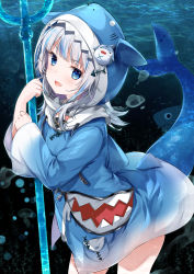 Rule 34 | 1girl, :d, air bubble, animal hood, blue eyes, blue hair, blue hoodie, blush, bubble, chiyingzai, commentary request, fang, fins, fish tail, gawr gura, gawr gura (1st costume), highres, holding, holding polearm, holding weapon, hololive, hololive english, hood, hood up, hoodie, looking at viewer, multicolored hair, open mouth, polearm, shark hood, shark tail, smile, solo, standing, streaked hair, tail, trident, v-shaped eyebrows, virtual youtuber, water, weapon