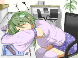 Rule 34 | 1girl, ahoge, bad id, bad pixiv id, breasts, chair, closed eyes, contemporary, detached sleeves, eraser, female focus, frog hair ornament, green hair, hair ornament, japanese clothes, kisetsu kinoko, kochiya sanae, large breasts, long hair, mechanical pencil, miko, miniskirt, notebook, office chair, pencil, pencil case, skirt, sleeping, solo, swivel chair, thighhighs, touhou, white thighhighs