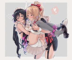 Rule 34 | 2girls, apron, ass, ayase eli, bad id, bad pixiv id, black hair, black legwear, blonde hair, blue eyes, blush, bow, carrying, commentary request, couple, earrings, embarrassed, feet, flying sweatdrops, frilled apron, frills, fur trim, green eyes, highres, jewelry, love live!, love live! school idol festival, love live! school idol project, maid headdress, mogyutto &quot;love&quot; de sekkin chuu!, multiple girls, panties, parted lips, ponytail, princess carry, shoe dangle, tears, thighhighs, tojo nozomi, twintails, underwear, white panties, yuri, zawawa (satoukibi1108)