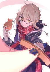 Rule 34 | 100, 100percent park, absurdres, ahoge, artoria pendragon (fate), black-framed eyewear, blonde hair, coat, dark persona, excalibur (fate/stay night), fate/grand order, fate (series), food, glasses, hair bun, highres, holding, holding sword, holding weapon, hood, hooded jacket, jacket, mysterious heroine x alter (fate), open clothes, open coat, plaid, plaid scarf, red scarf, scarf, school uniform, semi-rimless eyewear, single hair bun, sword, taiyaki, under-rim eyewear, wagashi, weapon, yellow eyes