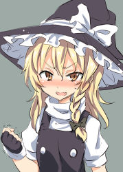 Rule 34 | 1girl, black dress, black gloves, black hat, blonde hair, blouse, blush, bow, braid, breasts, clenched hand, commentary, dress, embarrassed, fang, fist shaking, gloves, grey background, hair between eyes, hair bow, hat, hat ribbon, highres, kirisame marisa, long hair, looking at viewer, miyao ryuu, open mouth, partially fingerless gloves, puffy short sleeves, puffy sleeves, ribbon, shirt, short sleeves, side braid, simple background, single braid, small breasts, solo, sweat, touhou, trembling, turtleneck, upper body, white ribbon, white shirt, witch hat, yellow eyes