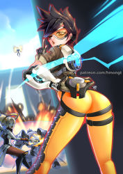 Rule 34 | 1boy, 3girls, ass, blocking, blonde hair, bodysuit, bomber jacket, brown hair, cameltoe, energy barrier, energy shield, gameplay mechanics, goggles, halo, high ponytail, hm (hmongt), itano circus, jacket, mechanical halo, mechanical wings, mercy (overwatch), multiple girls, overwatch, overwatch 1, pantyhose, pharah (overwatch), ponytail, pussy, reinhardt (overwatch), short hair, skin tight, smile, spiked hair, staff, tracer (overwatch), union jack, weapon, wings