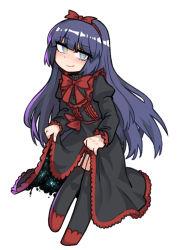 Rule 34 | + +, 1girl, black dress, black souls, black thighhighs, blue eyes, closed mouth, clothes lift, dress, dress lift, full body, garter straps, hairband, juliet sleeves, lifted by self, long hair, long sleeves, looking at viewer, mabel (black souls), nyong nyong, puffy sleeves, purple hair, raised eyebrow, red footwear, red hairband, red ribbon, ribbon, sidelocks, simple background, smile, solo, star (sky), thighhighs, very long hair, white background, zettai ryouiki